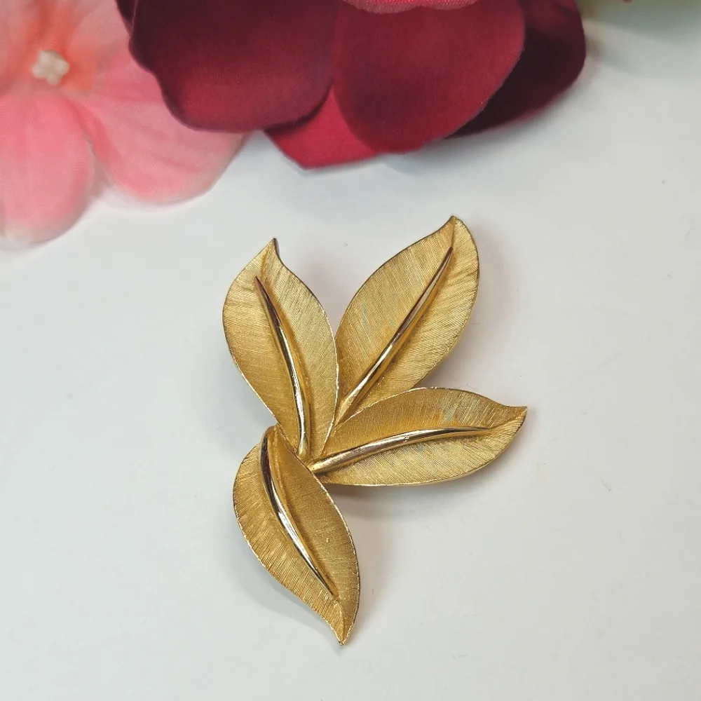 Vintage Trifari Golden Leaf Brooch Signed Statement Brooch
